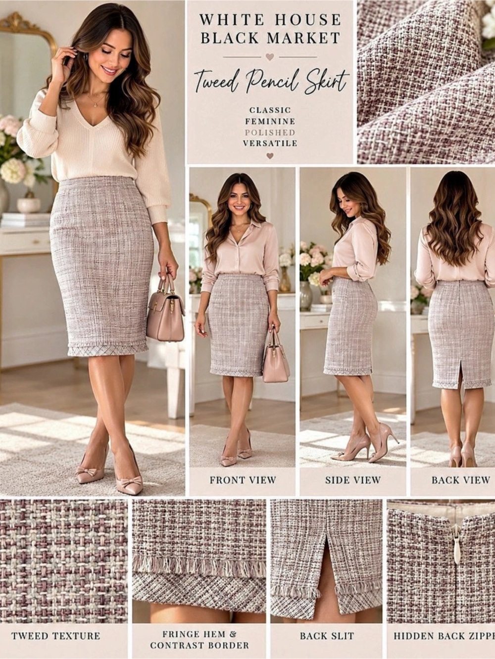 White House Black Market Tweed Pencil Skirt in Pink & White NWT size 6